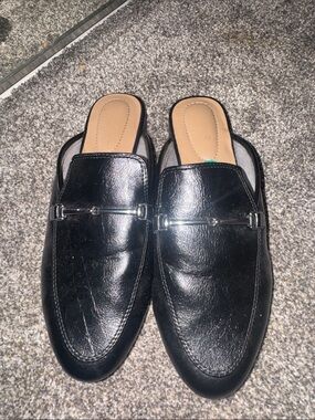 Rachel Zoe Black Leather Slip-On Mules with Silver Hardware
